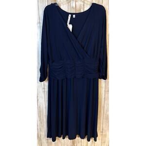 NY Collection Navy A-Line Dress Ruching Waist Sleeves Plus Size 1X‎ NWT
